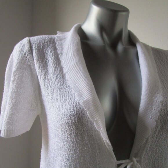 Lightweight knit sweater, open w string tie. JasonMaxwell M white short sleev - Picture 3 of 11